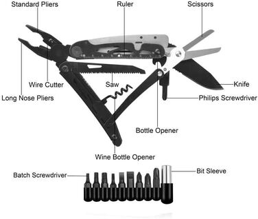 RoverTac Multitool Pocket Knife Tool Gifts: 18-in-1 Multifunction Tool Camping Accessories, Multitools Folding Knife Pliers Scissors Saw Corkscrew Bottle Opener, 9-Pack with Nylon Sheath