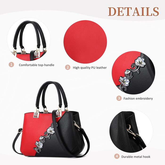 Сумка жіноча DIRRONA велика – сумка через плече та шопер з квітковою вишивкою та помпонами, червона. Для роботи, відпочинку, подорожей, офісу, вечірок та весіль