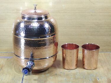 Ручний диспенсер для води з чистої міді 4 л Matka Ayurveda, набір із 2 склянок та пляшки, hammered copper, для зберігання та подачі води