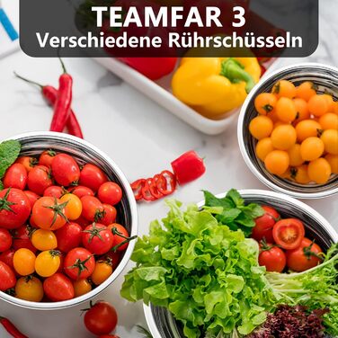 Набір мисок TEAMFAR 3 шт. з нержавіючої сталі з кришкою, 4,5L/2,5L/1,5L, для випічки, приготування та сервірування, миюча посудомийна машина (Чорний)