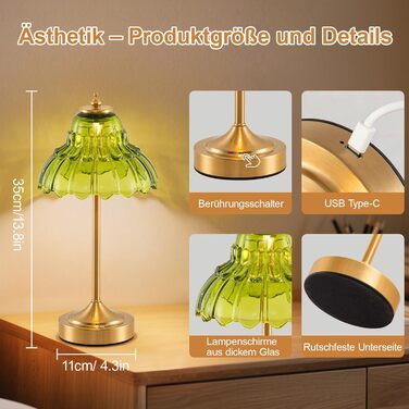 Ретро настільна лампа бездротова, акумуляторна 6000mAh, з регулюванням кольору та яскравості, портативна LED лампа для вітальні, спальні, бару (зелена)