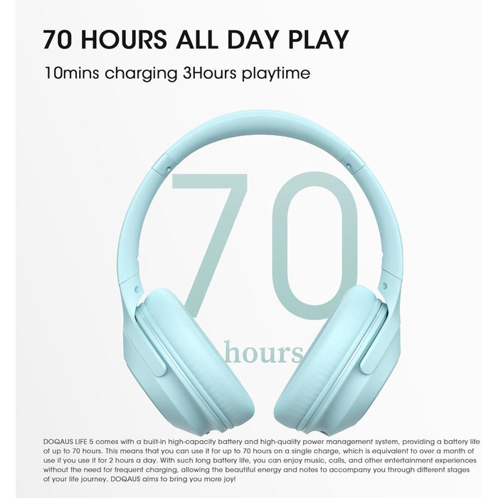 DOQAUS Бездротові Bluetooth навушники з мікрофоном, 70 годин роботи, Bluetooth 5.3, Over-Ear, 3 режими EQ, HiFi, складні, для (блакитний)