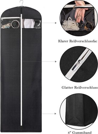 Чохол для сукні MISSLO, 177см, чорний: дихаючий, з кишенями, для вечірньої сукні, костюма, весільної сукні, у подорож