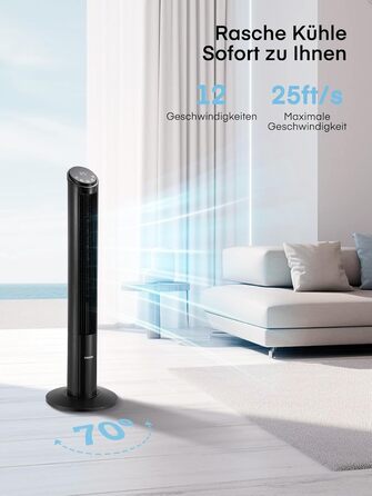 FOHERE Вентилятор Тур - Безшумний, 102 см, з пультом, 4 режими, 12 швидкостей, таймер 12 год, швидкість 7,6 м/с, для дому, спальні, офісу, чорний