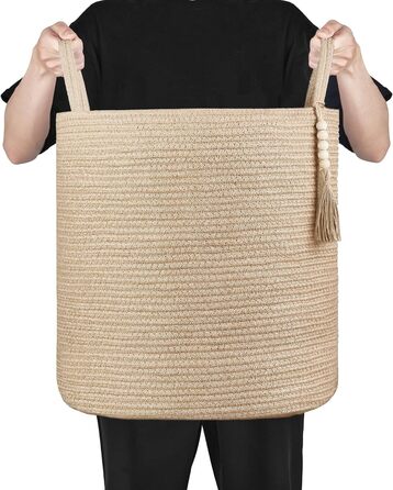 Hand-Woven Storage Basket with Handles, Decorative Cotton Rope Basket, Wood Bead Decoration for Blankets, Toys, Clothes, Living Room, Home Decor, 27.9 cm, White (Brown, 15