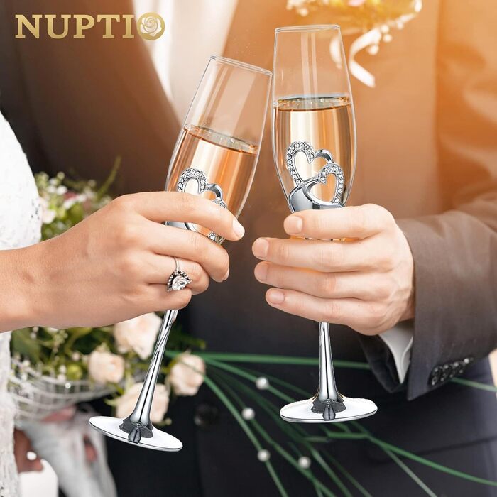 Набір з 2 кришталевих келихів для шампанського NUPTIO - ідеальне подарунок для весілля та ювілею. Срібний декор.
