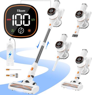 Бездротовий акумуляторний пилосос Tikom V500 450W, 6-в-1, білий. З контейнером 1.3л, для прибирання килимів, шерсті тварин та твердих поверхонь.