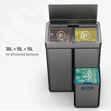 Сортувальний контейнер для сміття EKO Mirage Plus 60л (30л+15л+15л), нержавіюча сталь, сенсорний, 3 відділення, пластикові відра, автоматичний відро для кухні