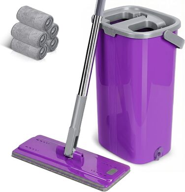 Набір для миття підлоги MASTERTOP з відром, моп з нержавіючою ручкою та 3 насадками, 2 в 1 набір відра та мопа, плоский моп з функцією віджиму для твердої підлоги, ламінату, плитки (Бежевий) (Набір для миття підлоги з відром: Фіолетовий)