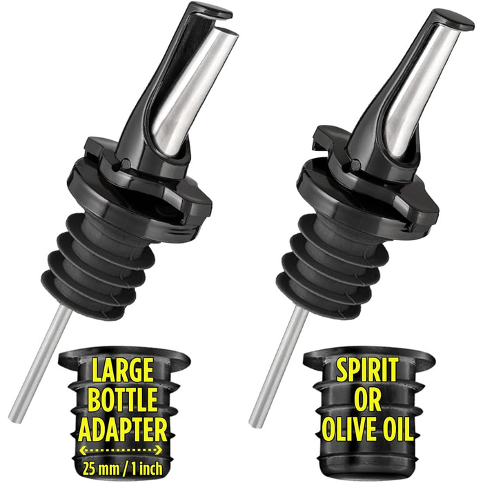 Виливники для спиртних напоїв та оливкової олії з герметичними кришками. Набір 2 шт. з адаптерами. Нержавіюча сталь, чорний колір.