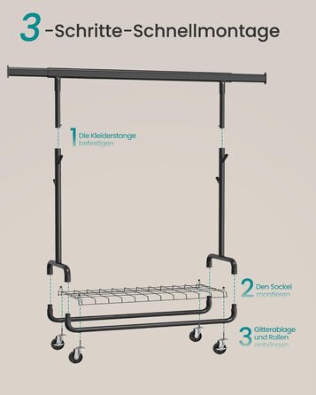 SONGMICS Стійка для одягу на коліщатках, важка, з висувними штангами, регульована висота, з полицею та гачками (HSR015B01, Чорний)