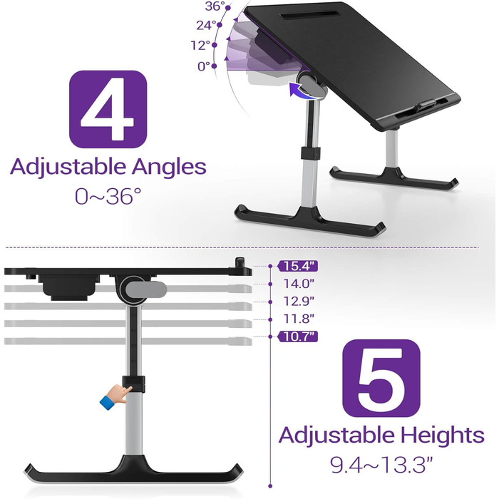 NEARPOW Підставка для ноутбука в ліжко, XXL, регульований столик для комп'ютера, стійка для ноутбука в ліжко або на диван, підставка для книг та ящик (Чорний)