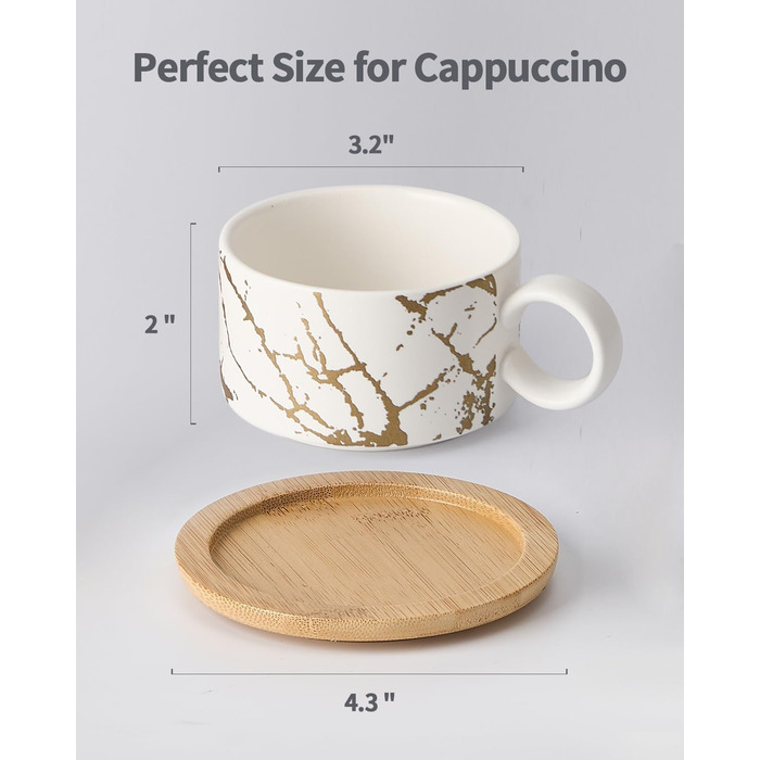 Набір чашок кавових Cappuccino HOME DECOR - 4 шт. по 160 мл з підставками та стійкою - 160 мл, кераміка, для еспресо, капучино, лате, мармурова колекція