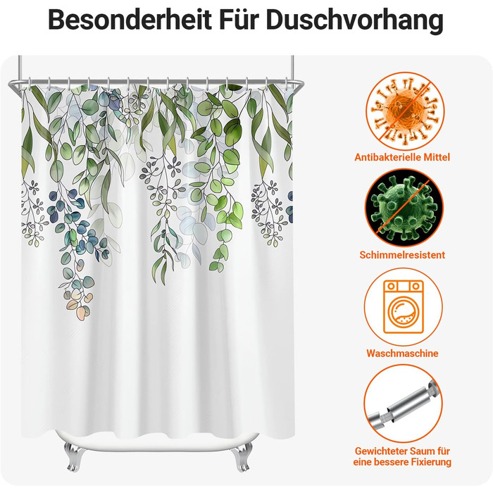 Штора для душу 300x200 см, зелені листки, антигрибкова, текстильна, з обтяженим краєм, водовідштовхувальна, поліестер, з кільцями та 16 гачками для ванної кімнати