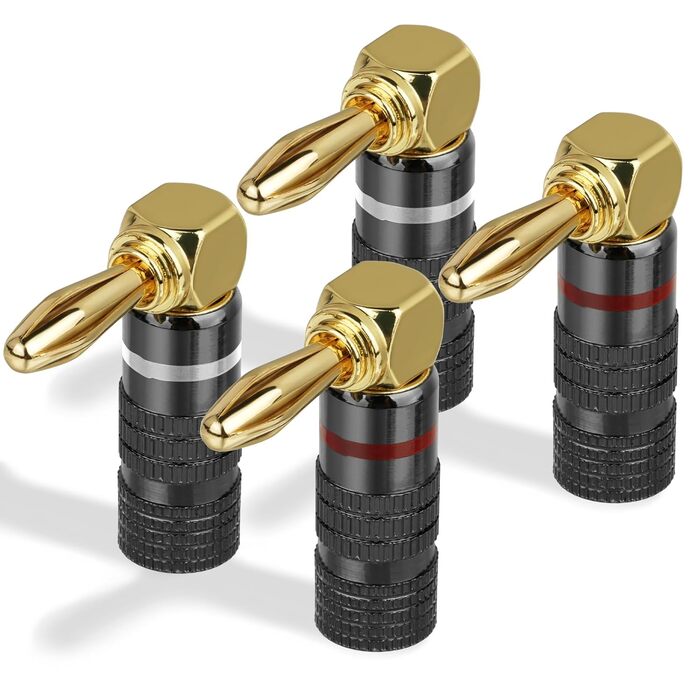4 шт. Бананові конектори для акустики 4.5 мм, 90 градусів, позолочені 24K, для підключення до підсилювача, ресивера, стереосистеми