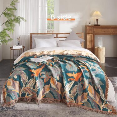 Богемна ковдра Softexly Boho Decke: 100% бавовна, двостороння муслінова ковдра 150x200 см, м'яка пледова ковдра та покривало для ліжка, естетичний дизайн, ідеально для вітальні та спальні, помаранчево-зелена (130 x 150 см, Blütentraum)
