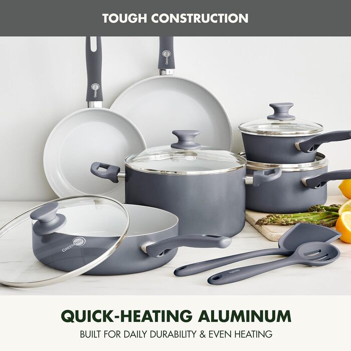 Набір кухонного посуду GreenPan Dover Ceramic Antihaft, 12 предметів, без PFAS, придатний для миття в посудомийній машині, комфортні ручки, кремово-білий