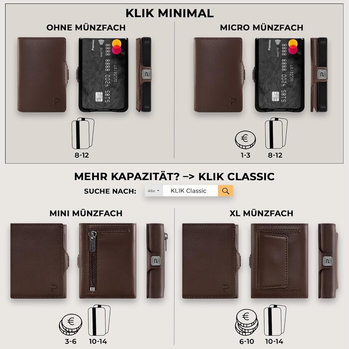 PURISTO KLIK: Тонкий міні-портмоне для чоловіків з натуральної шкіри. RFID захист, 12 карт, без відділу для монет. Колір: темно-коричневий