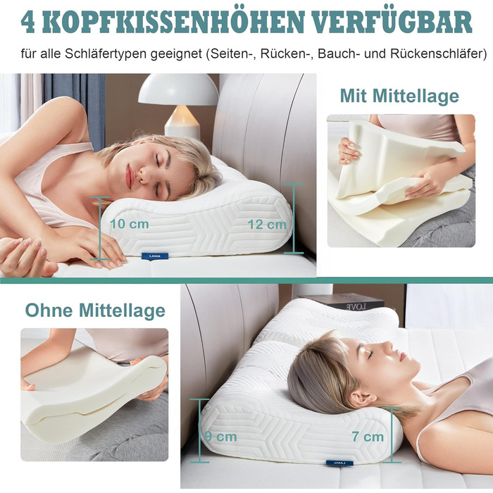 Ергономічна подушка для шиї та голови LAMB з ефектом пам'яті (Memory Foam) для сну на боці, регульована висота, з мийним чохлом, 60x36x12/10 см, біла