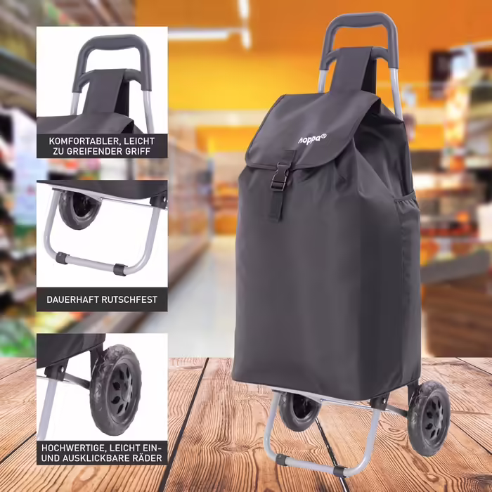 Hoppa 57L Stable Shopping Trolley, Foldable Shopping Trolley, Multifunctional Shopping Cart with Removable Bag, Rolling Shopping Cart, Wagon (Black)