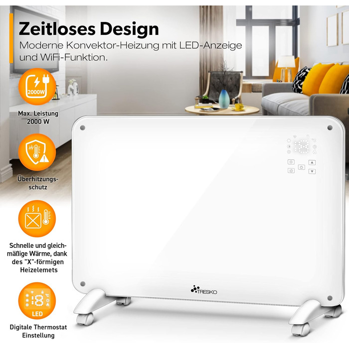 Електричний скляний конвектор TRESKO 2000 Вт з Wi-Fi, сенсорним та LCD-дисплеєм, дистанційним керуванням, настінний або підлоговий, білий