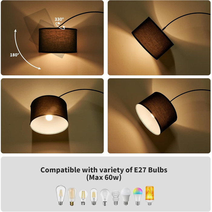 Торшер для вітальні JASMIN I з LED E27, чорний абажур 33 см, з вимикачем на нозі, торшер-арка, вінтажний стиль, підходить для спальні, готелю