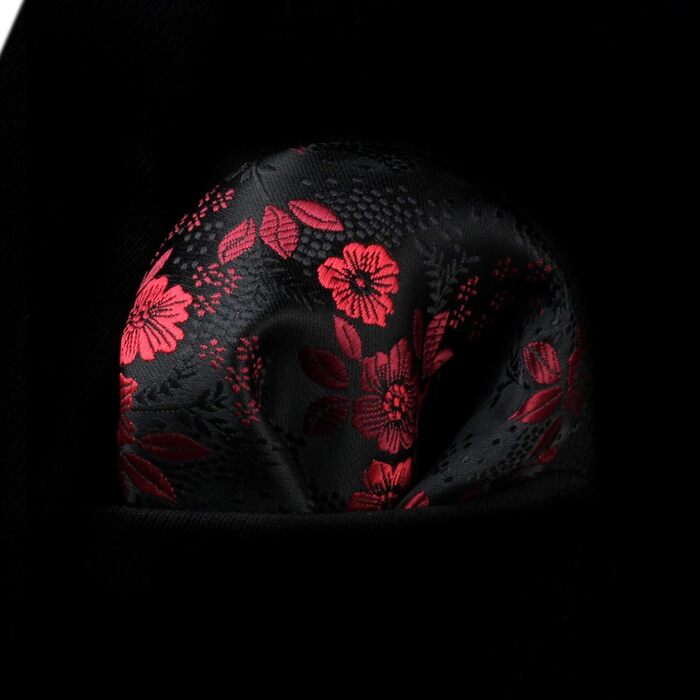 Чоловіча краватка HISDERN 160 см з кишеньковим хустиком. Набір для весілля, бізнесу. Шовкова краватка з квітковим принтом чорного та червоного кольорів.