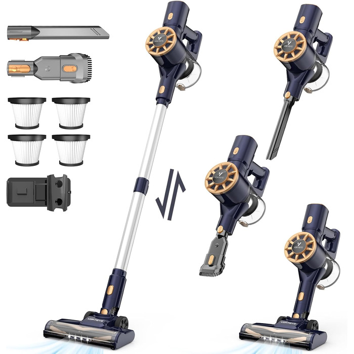 Бездротовий акумуляторний пилосос Vortisys - ручний, 350W, 45KPa, 55 хв роботи, 5-в-1 фільтрація, щітка проти ковтунів, для твердих поверхонь, килимів, шерсті тварин, темно-синій