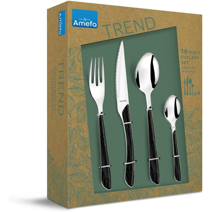 AMEFA Eclat Nature Cutlery Set, 4 Persons (Wood-look/black), 16-Piece with Fine Grain, Stainless Steel 18/10, Rustproof and High-Gloss Polished, Dishwasher Safe, Cutlery Set for 4 People