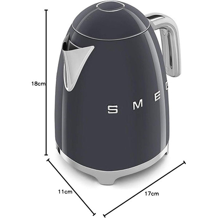 Електричний чайник Smeg KLF03PKEU 1.7L сірого кольору з нержавіючої сталі, з м'яким відкриванням кришки та фільтром від накипу