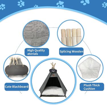 Намет для тварин Tipi з двостороннім подушкою. Будиночок для собак/кішок, кроликів, хом'яків. Знімний та миючий. 50x50x60 см, сірий.