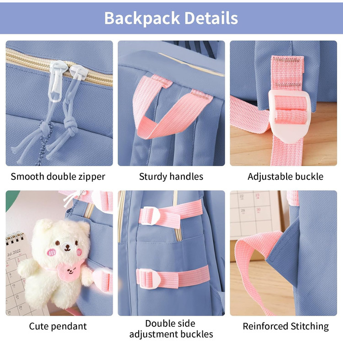 Набір шкільних рюкзаків IvyH 5-ти частинний: рюкзак для дівчинки, сумка для школи, рюкзак для підлітків, 3-7 клас, з пеналом та сумкою для покупок, 45 см, рожевий (8583# Синій)