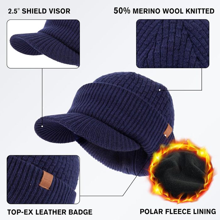 Шапка в'язана з мериносової вовни PolarWool™ TOP-EX, чоловіча/жіноча, з флісовою підкладкою, для зими, біг, катання на лижах, M-XXL (Navy, XL-XXL)