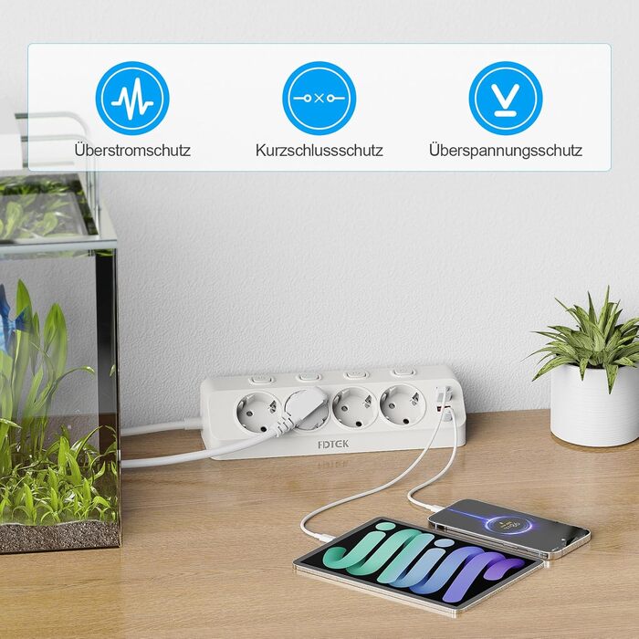Мережевий адаптер PD 20W з плоским штеплером, розетка FDTEK на 4 слоти з індивідуальним вимикачем, 4000W, 16A, USB-C, розетка для столу з вимикачем, настільна розетка з кабелем 2м (білий)
