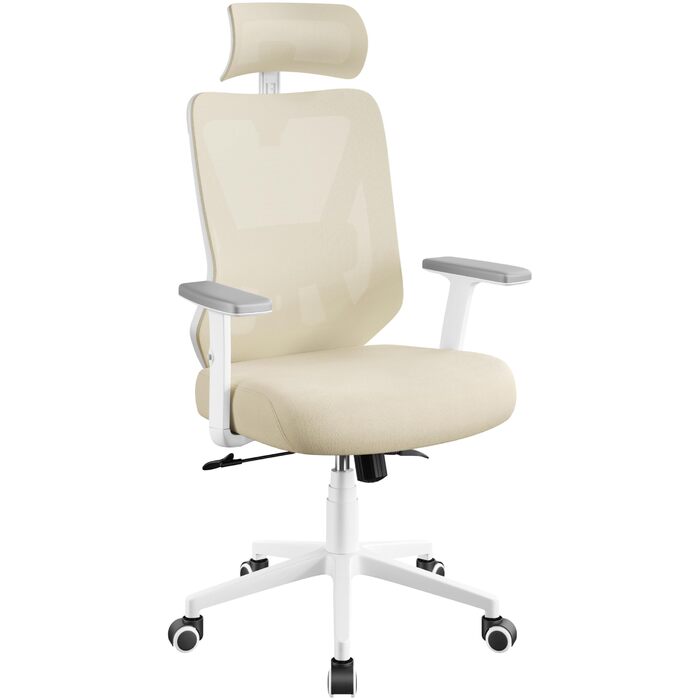 Офісне крісло Yaheetech з регульованою підголівником та підтримкою попереку, дихаюча сітчаста спинка, широке сидіння, S-подібна спинка, поворотне на 360°, бежеве