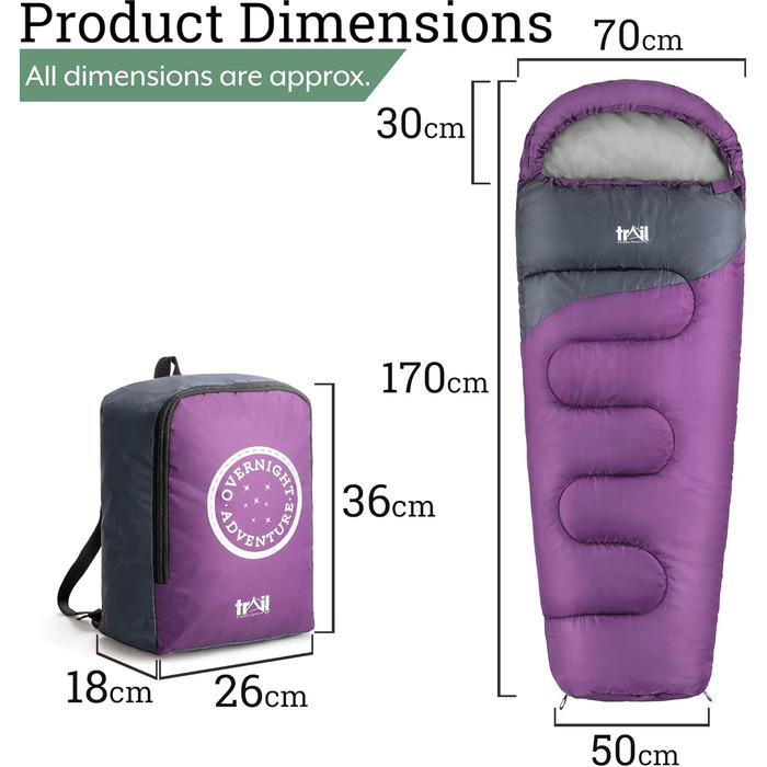 Дитячий спальний мішок Trail Mumienschlafsack для кемпінгу 3 сезони – 300gsm – для хлопчиків та дівчаток – фіолетовий