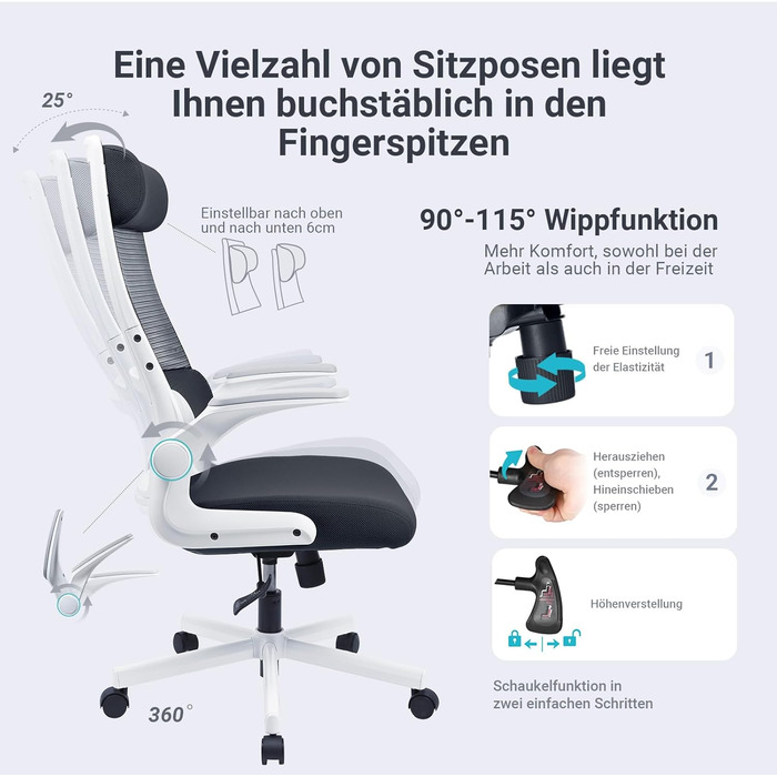 Ергономічне крісло для офісу з регульованою підголівником, крісло для робочого столу з сітки, відкидні підлокітники, широке сидіння, функція гойдання, комп'ютерне крісло EN 1335, офісне крісло 200 кг (чорно-біле)