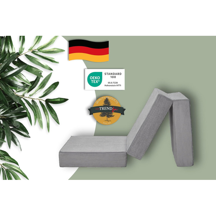 Badenia Trendline Foldable Guest Mattress with Durable Microfiber Cover, Öko-Tex Certified, 196 x 65 x 8.5 cm Sleeping Area, produced according to German quality standards. Height 8.5 cm (Light Gray - Cord, Height 15.5 cm)