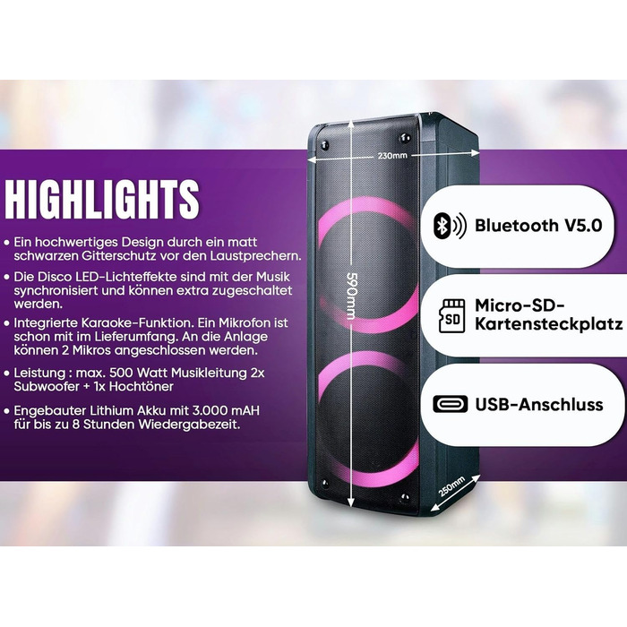 Портативна Bluetooth-колонка Reflexion PS09BT - 500W, Караоке, DJ, LED-підсвітка, Радіо, Мікрофон, Чорний