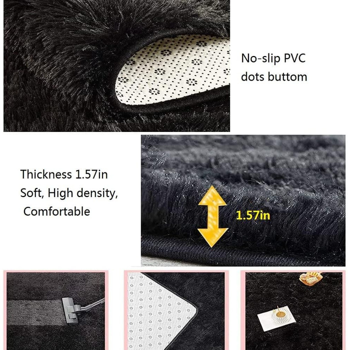 Шкіряний килим ABWXN з високим ворсом 120x160 см. Чорний, для вітальні та спальні