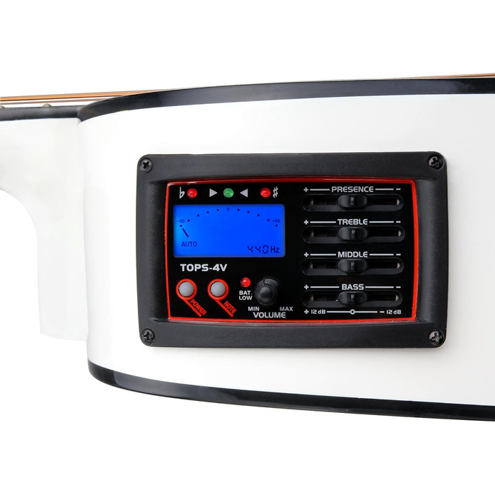 Класична акустична гітара Westerngitarre WS-10WH-CE з підсилювачем, Dreadnought, Cutaway, 3-Band EQ + Presence, Тюнер LCD, XLR та Klinke, білий глянцевий лак