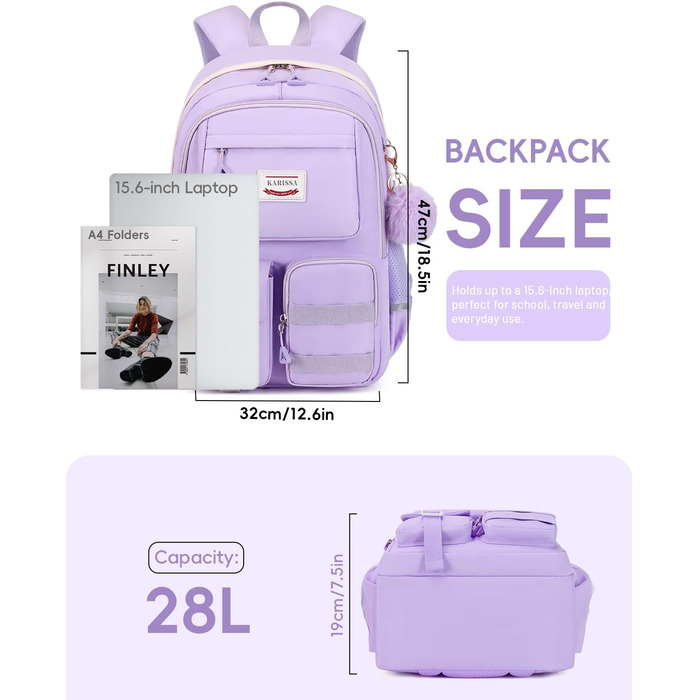 Рюкзак для підлітка Tanou, жіночий, для школи, 9-16 років, великий, водонепроникний, з брелоком (фіолетовий)