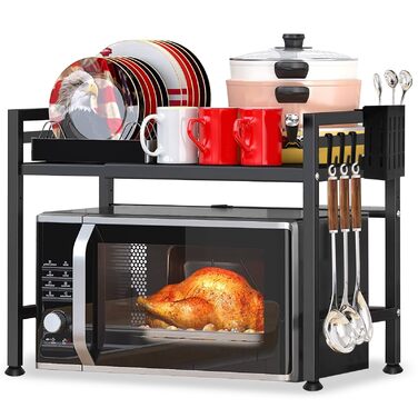 Регульована полиця для мікрохвильової печі, 2-ярусна розширювана кухонна полиця на стільницю, кухонна полиця зі сталі, полиця для мікрохвильової печі з 8 гачками, тримач для кухонного приладдя, чорний
