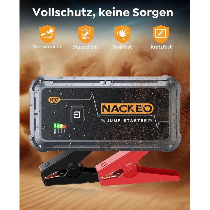 Портативний акумулятор Starthilfe для автомобіля, 12V, бустер для запуску двигуна (бензин до 10L, дизель), з кабелями та LED ліхтариком, для SUV, вантажівок, мотоциклів (5000A)