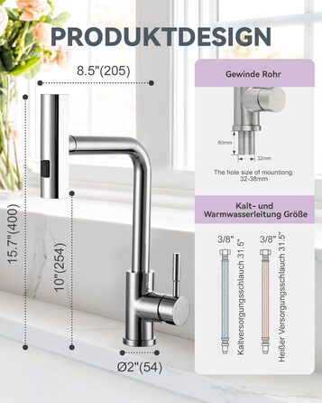 Кран кухонний iVIGA висувний з дощу, водоспад, 360° поворот, мікшер, брашований нікель