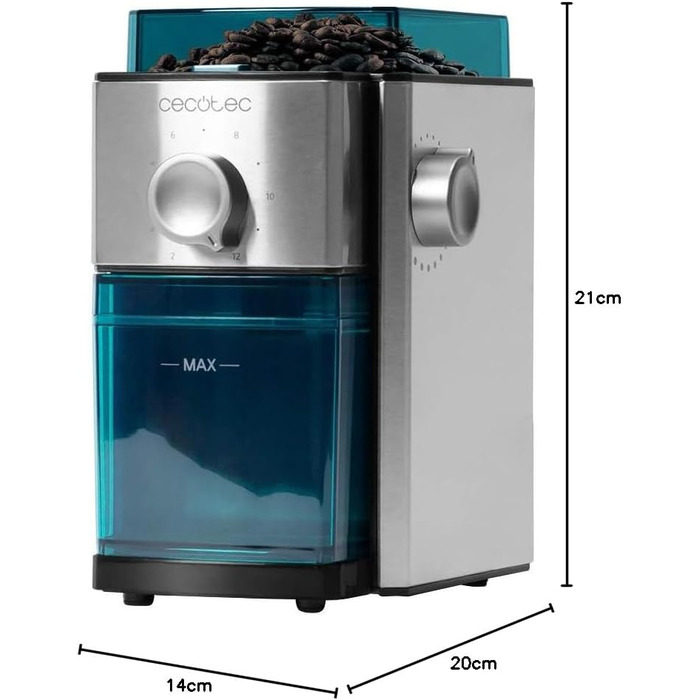 Cecotec SteelMill 2000 Electric Coffee Grinder. Stainless steel, flat burrs, 17 settings, 250g capacity, 2-12 cups