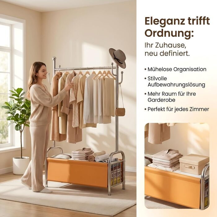 Вішалка для одягу з нержавіючої сталі з кошиком для білизни, міцна, витримує до 115 кг, 3-в-1, для спальні, коридору - UP01