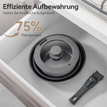 Набір посуду 9-ти частинний з знімним ручками, антипригарне покриття, керамічна сковорода, набір каструль з кришками, для всіх типів плит, безпечний у духовці (сірий)