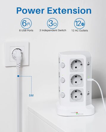 Стедова колонка KOOSLA з 12 розетками, захистом від перенапруги (4000W/16A) та 6 USB, 5м, білий - для офісу, кухні, столу