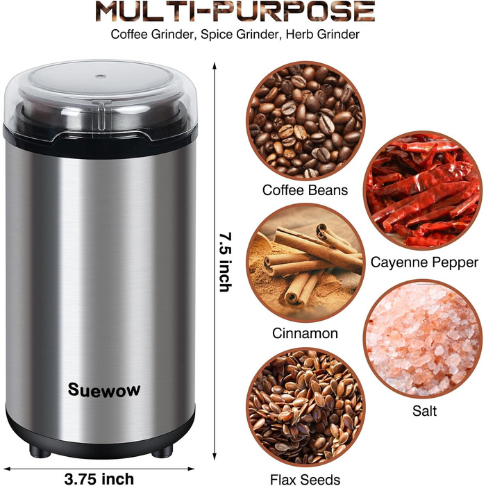 Електрична кавомолка Suewow: потужний 200W мотор, для кави, спецій, горіхів. Багатофункціональна, велика ємність (срібна)